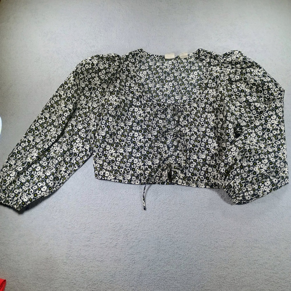 Levi's Womens Floral Lace-Up Front Crop Top Black White Medium Puff Sleeve